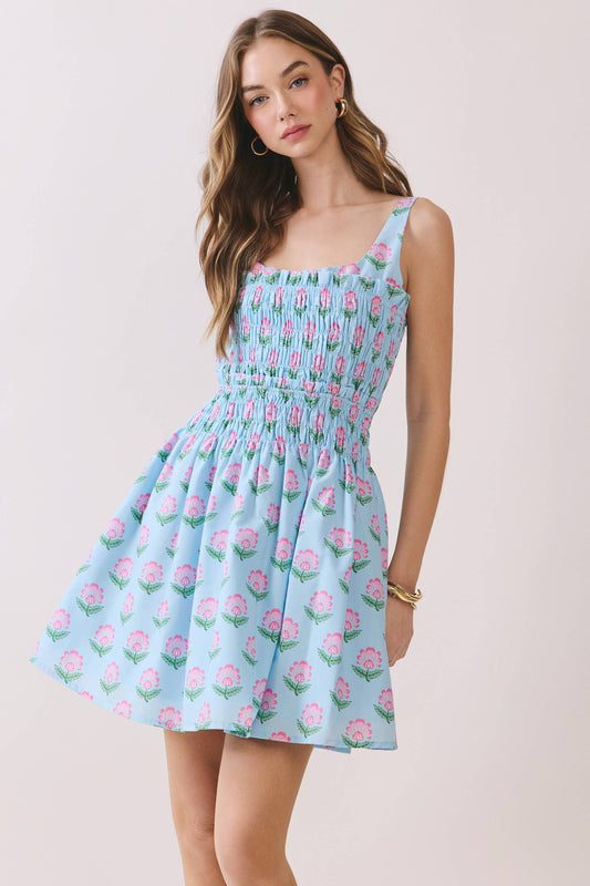Floral Smocked Bodice Fit & Flare Mini Dress
