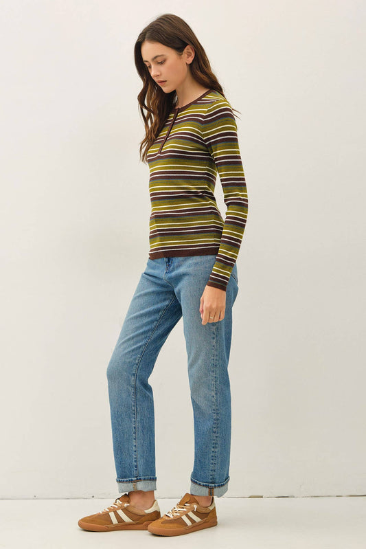 STRIPED HENLEY NECK FINE SWEATER