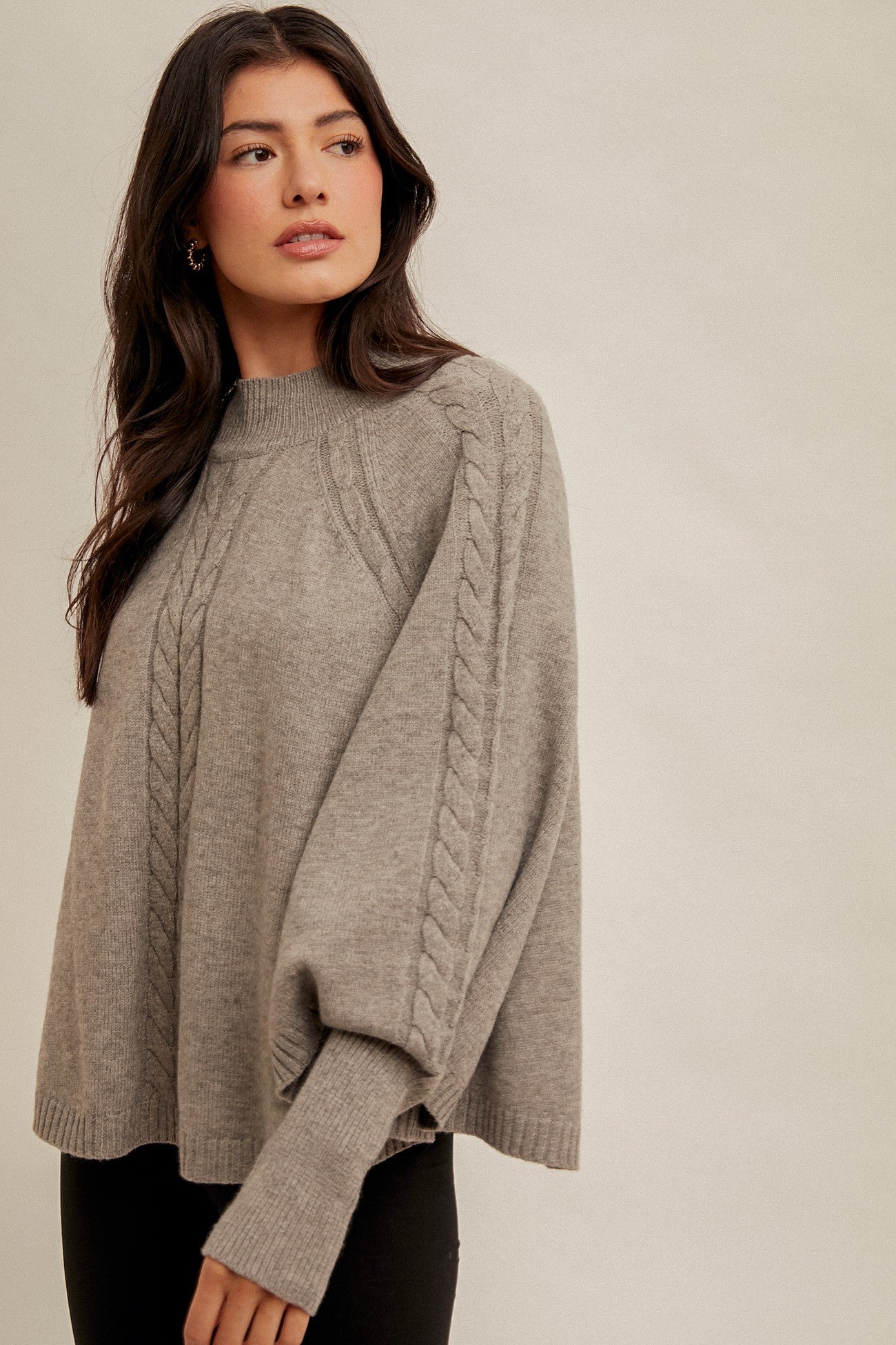 Cable Knit Mock Neck Poncho