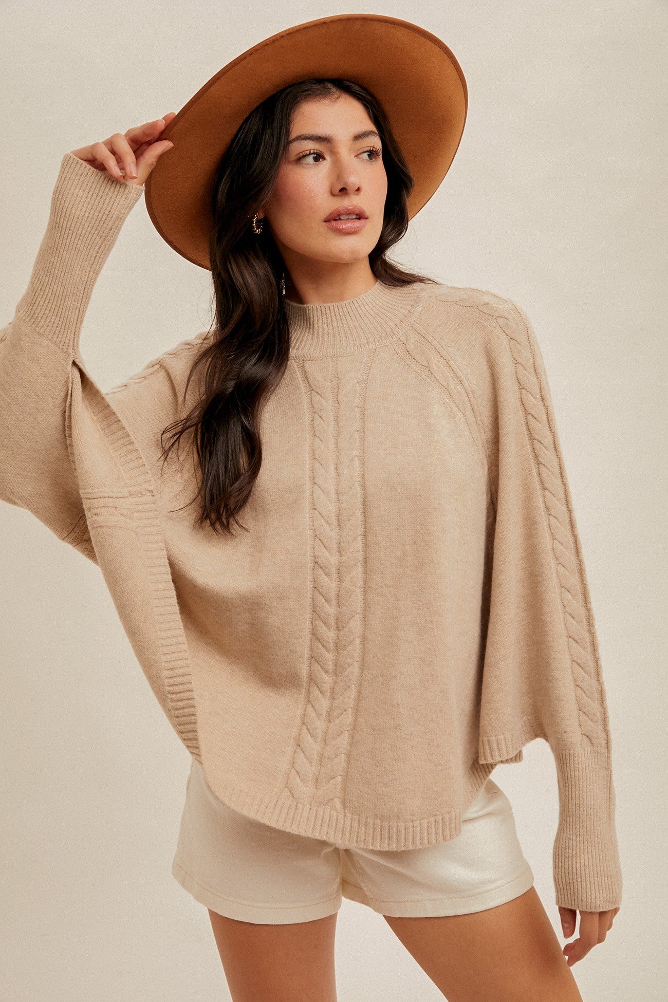 Cable Knit Mock Neck Poncho