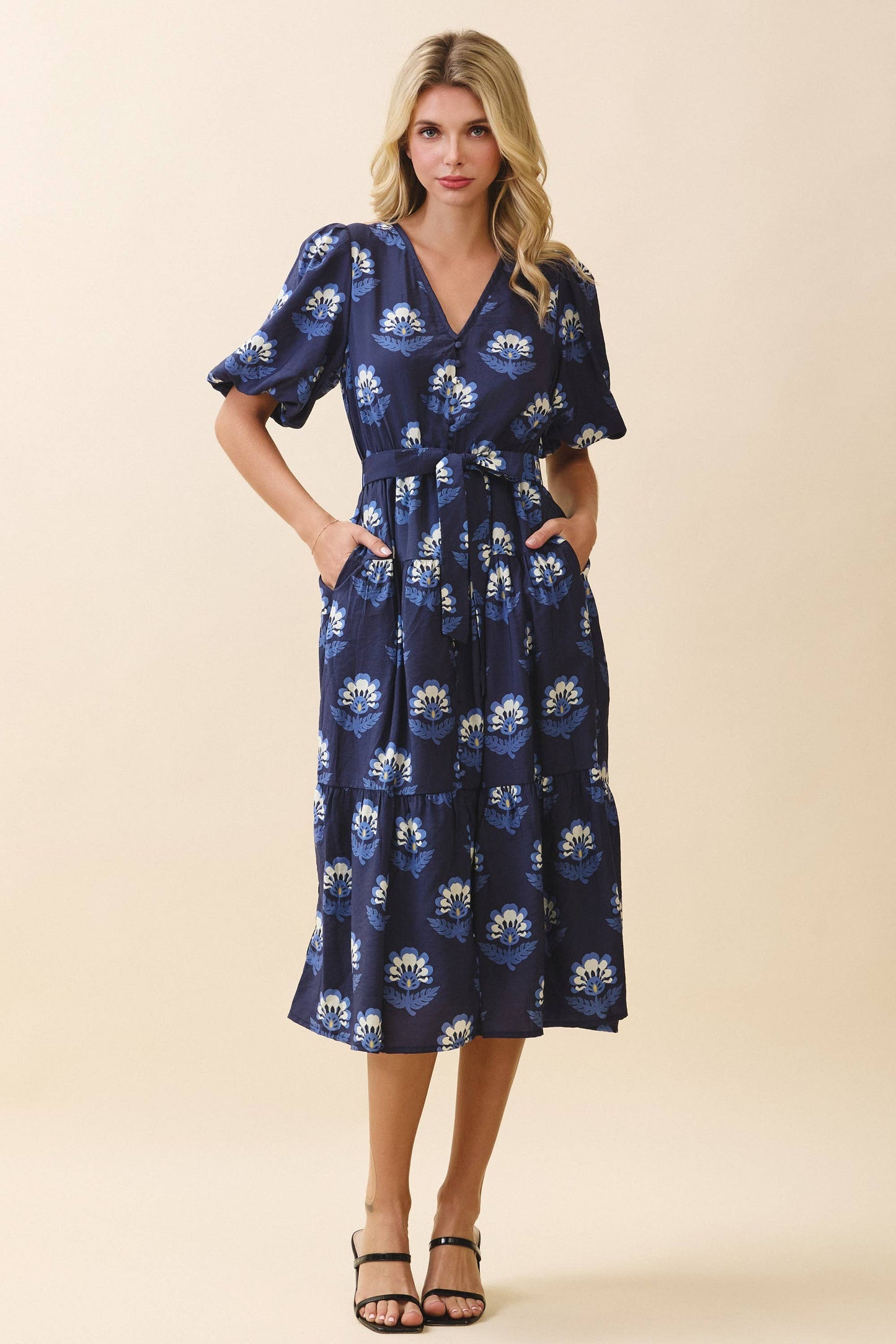 Floral Print Covered Button Down V Neck Dress