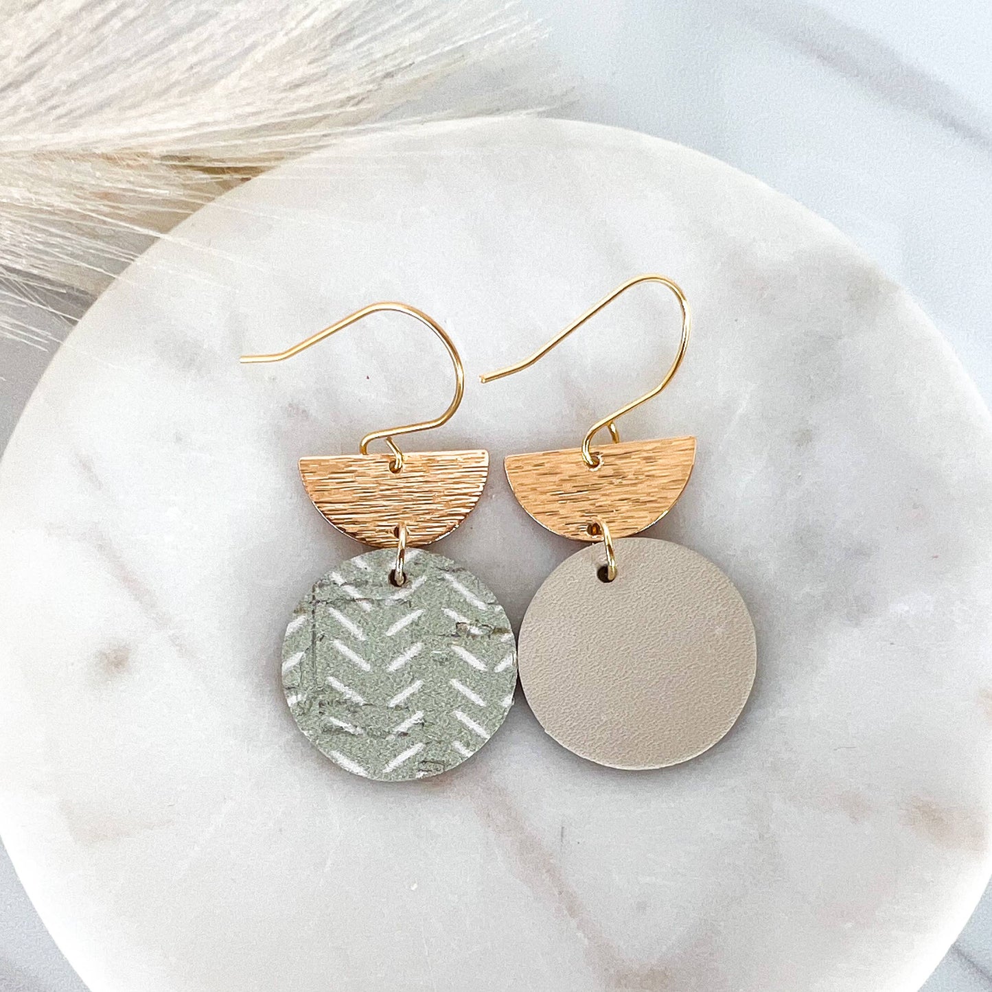 Sage  Green and White Chevron with Semi Circle Earrings