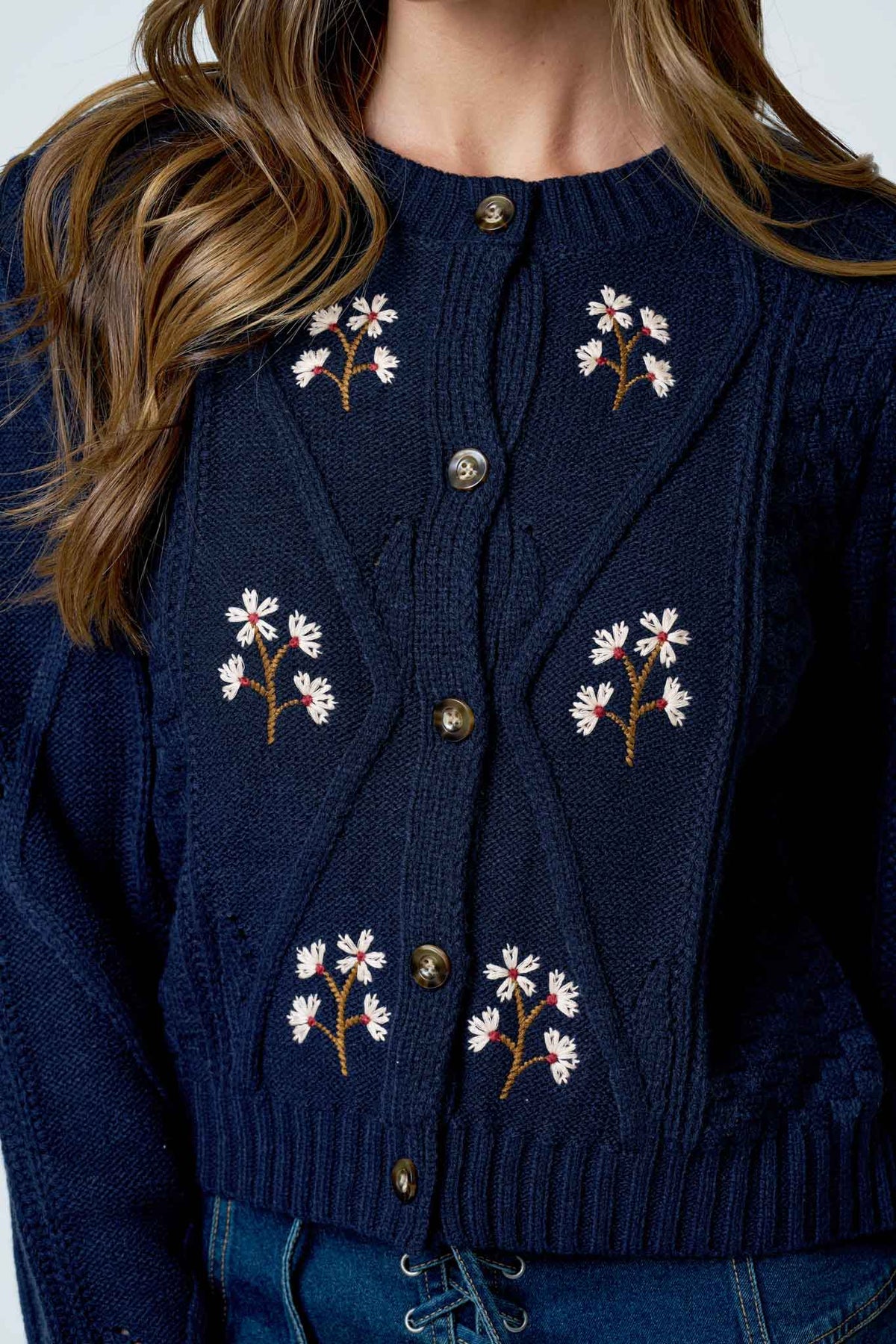 FLORAL EMBROIDERED CABLE KNIT BUTTON DOWN CARDIGAN