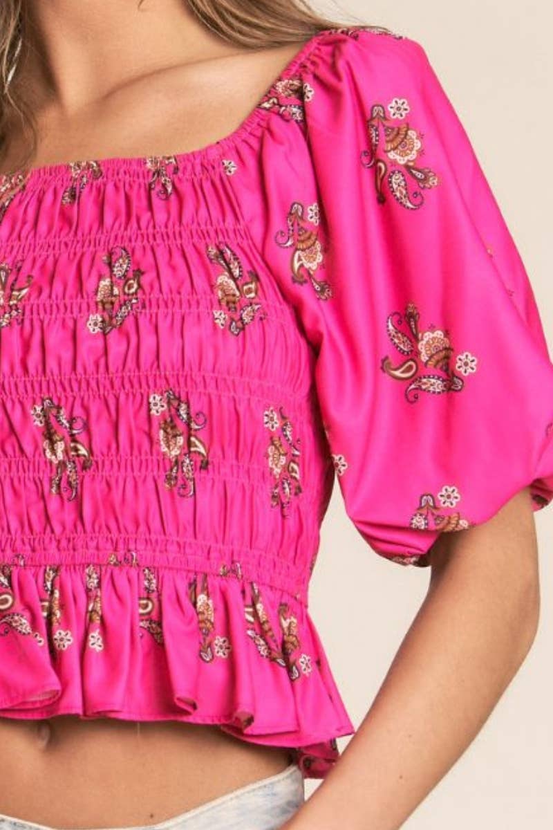 PAISLEY PRINT SMOCKED TOP