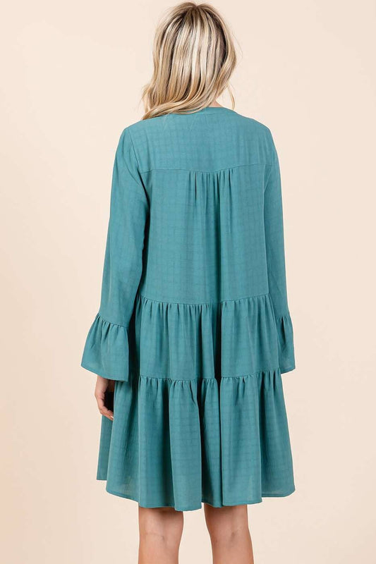 TEXTURED LONG BELL SLEEVE TIERED MINI DRESS