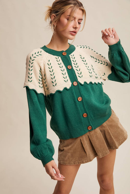 Leaf Pointelle Ruffle Knit Cardigan