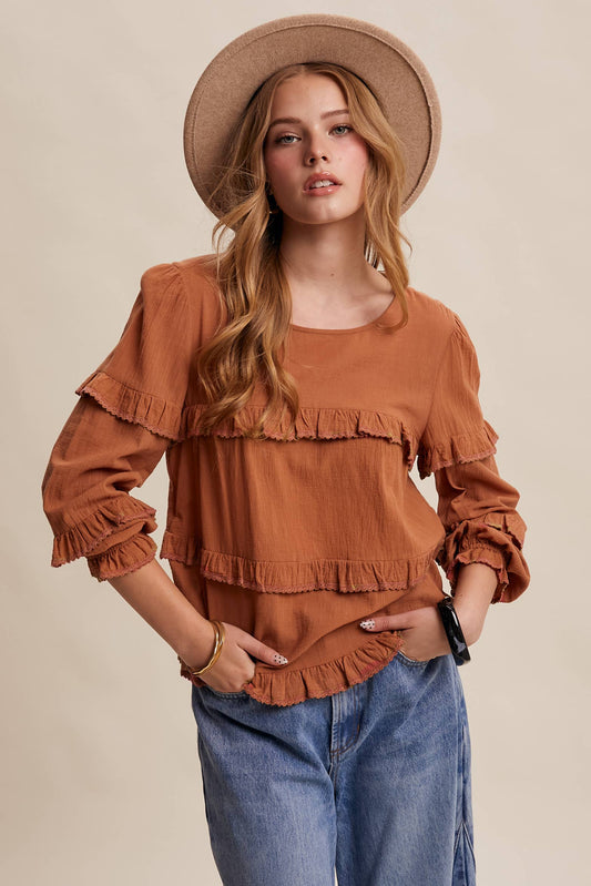 Cotton Ruffle Trim Peasant Blouse LT0605