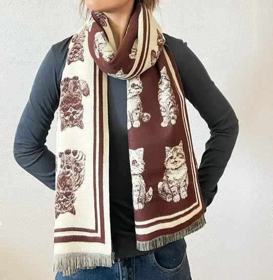Kitten Print Reversible Cashmere Wrap Scarf
