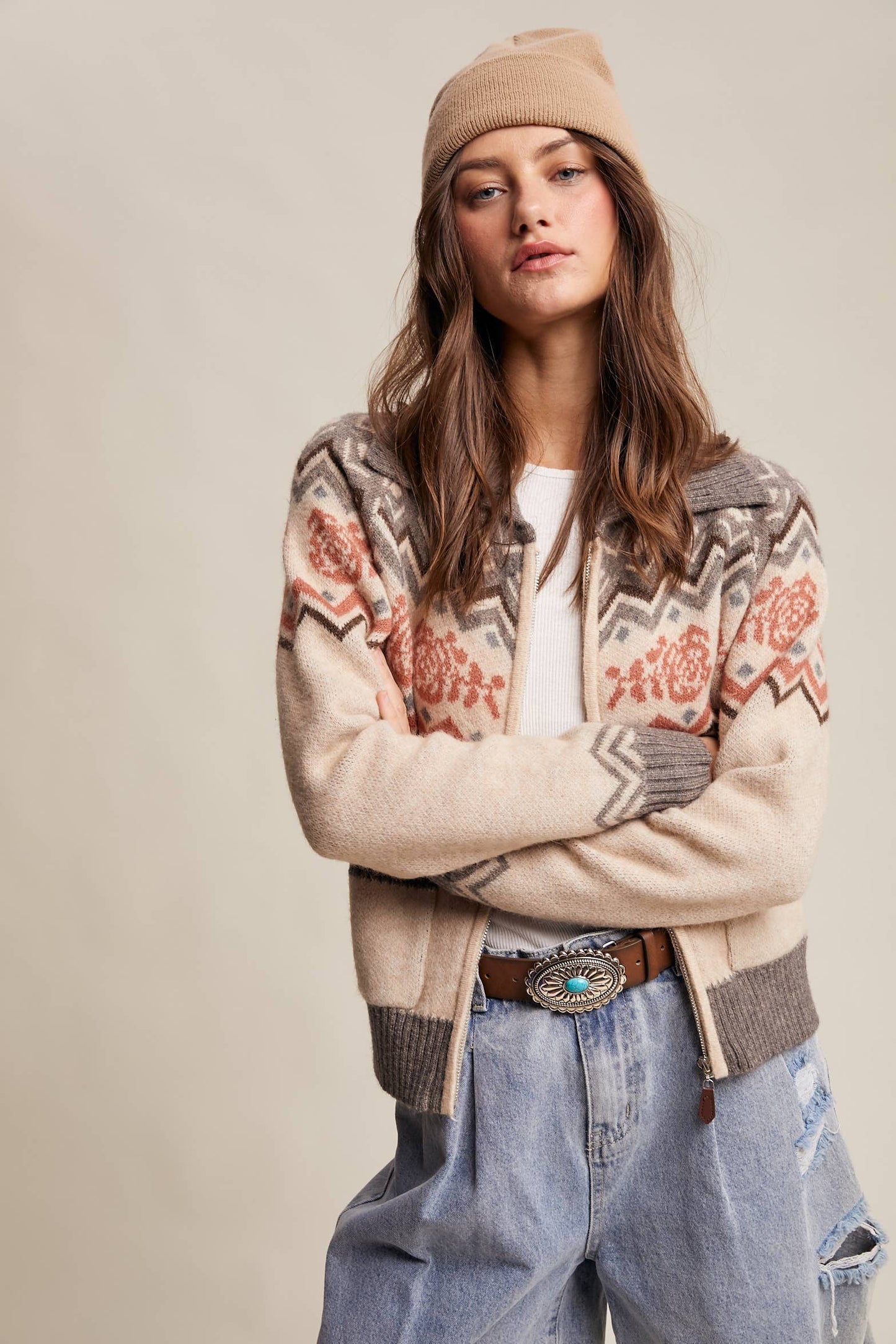 Retro Knit Zip-Up Cardigan