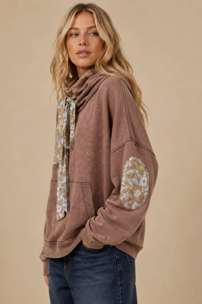 Floral Patch Loose Cowl Neck French Terry Top