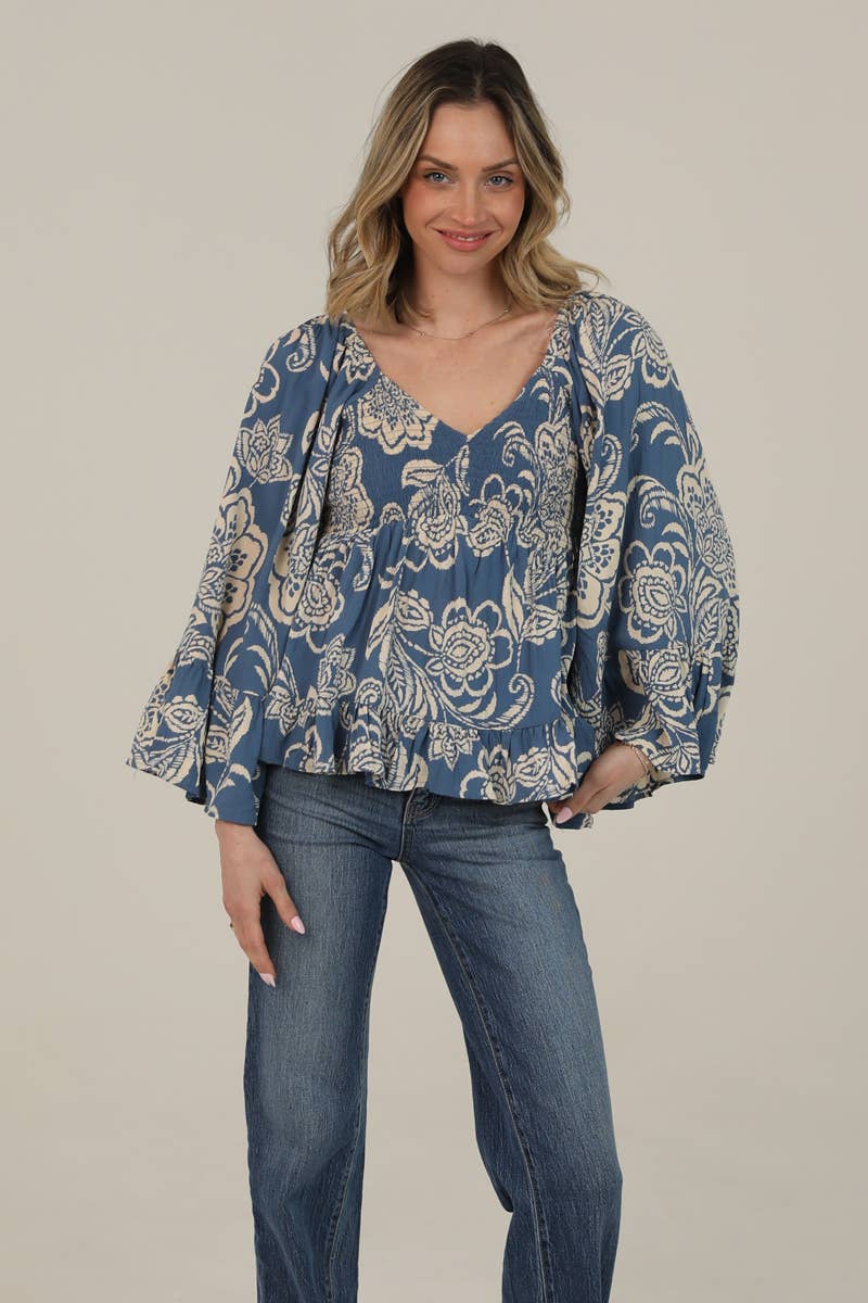 SMOCKED BUST WIDE FLARE BELL SLEEVE PRINTED TOP