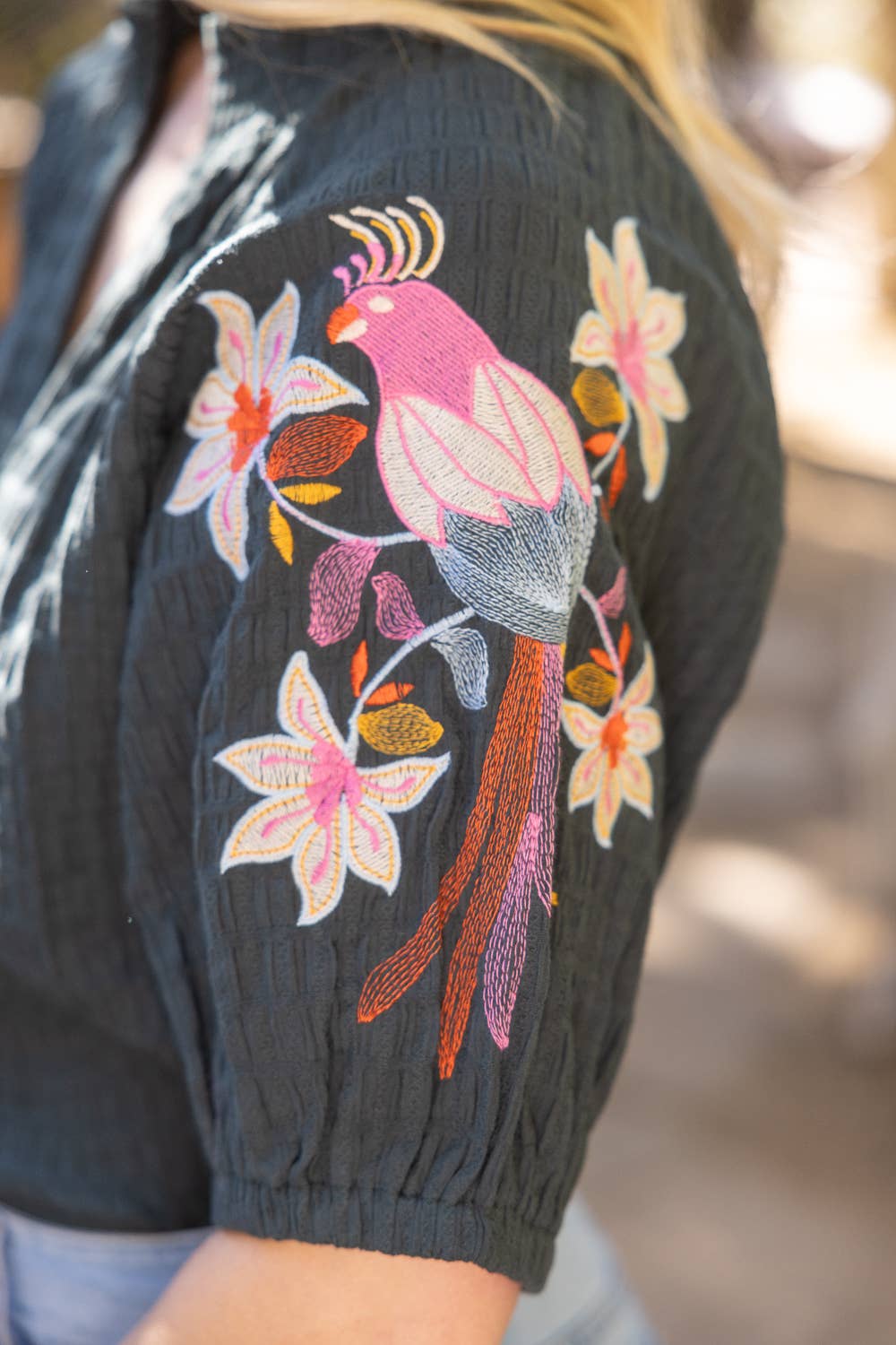 Bird Embroidery Sleeve Smocked Neck Top