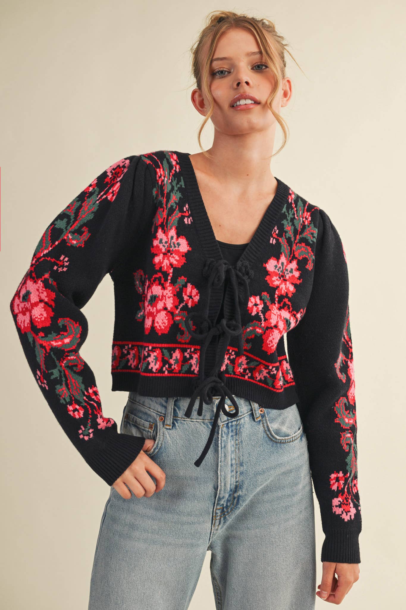 FLORAL KNIT TIE-FRONT CROPPED SWEATER CARDIGAN