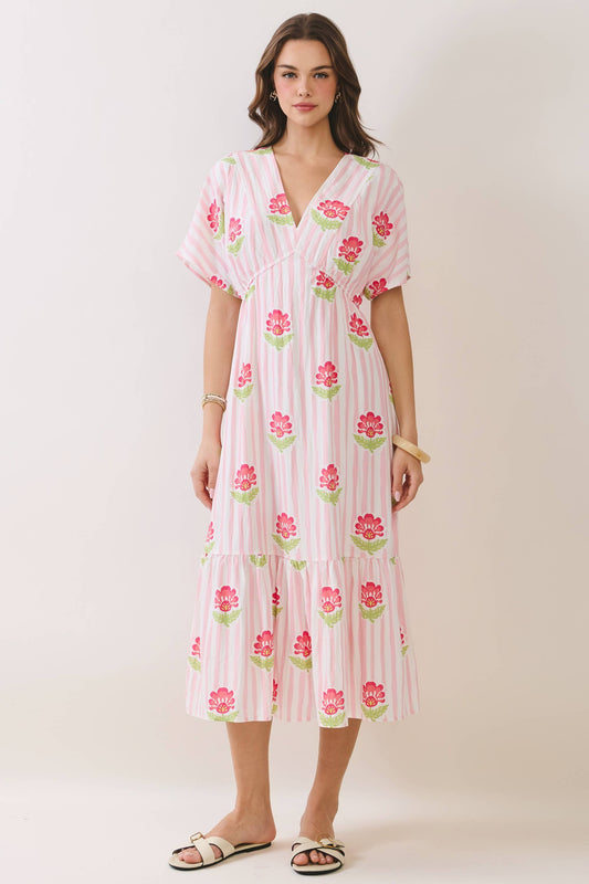 Floral Stripe Print V Neck Midi Dress