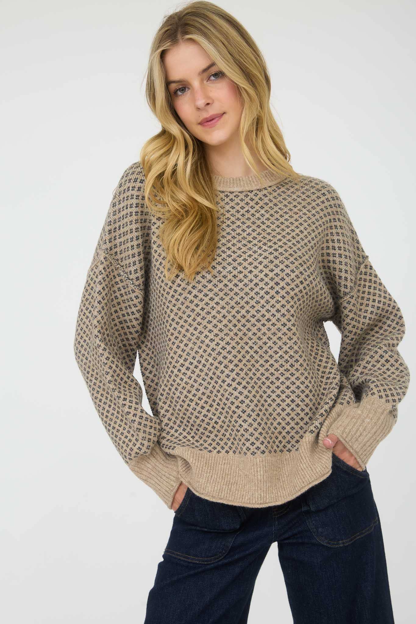 MINI JACQUARD CREW NECK LONG SLEEVE KNIT SWEATER