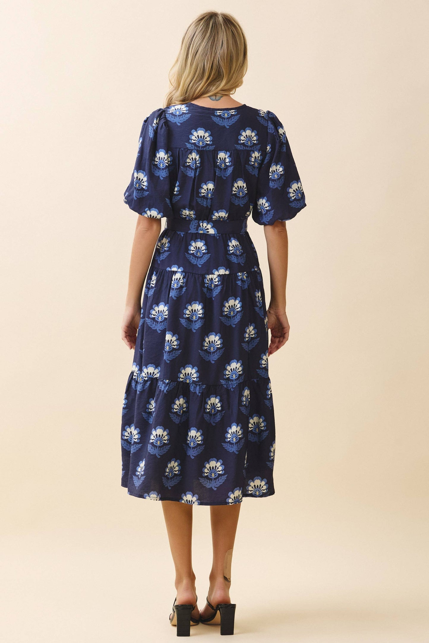 Floral Print Covered Button Down V Neck Dress