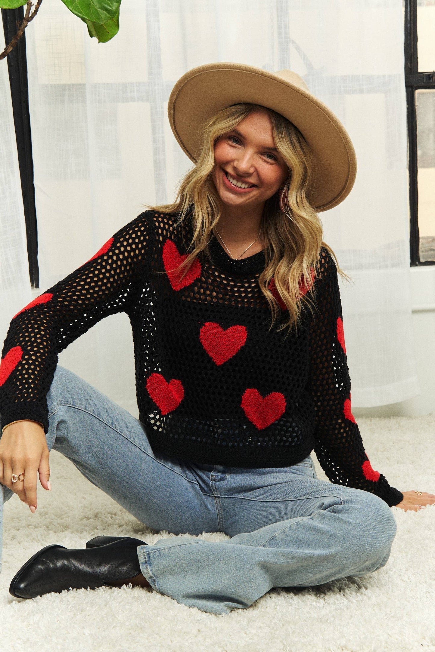 HEART PATTERN SWEATER OPEN KNIT TOP