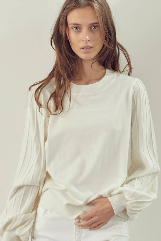 STRIPE TEXTURE PUFF SLEEVE SWEATER