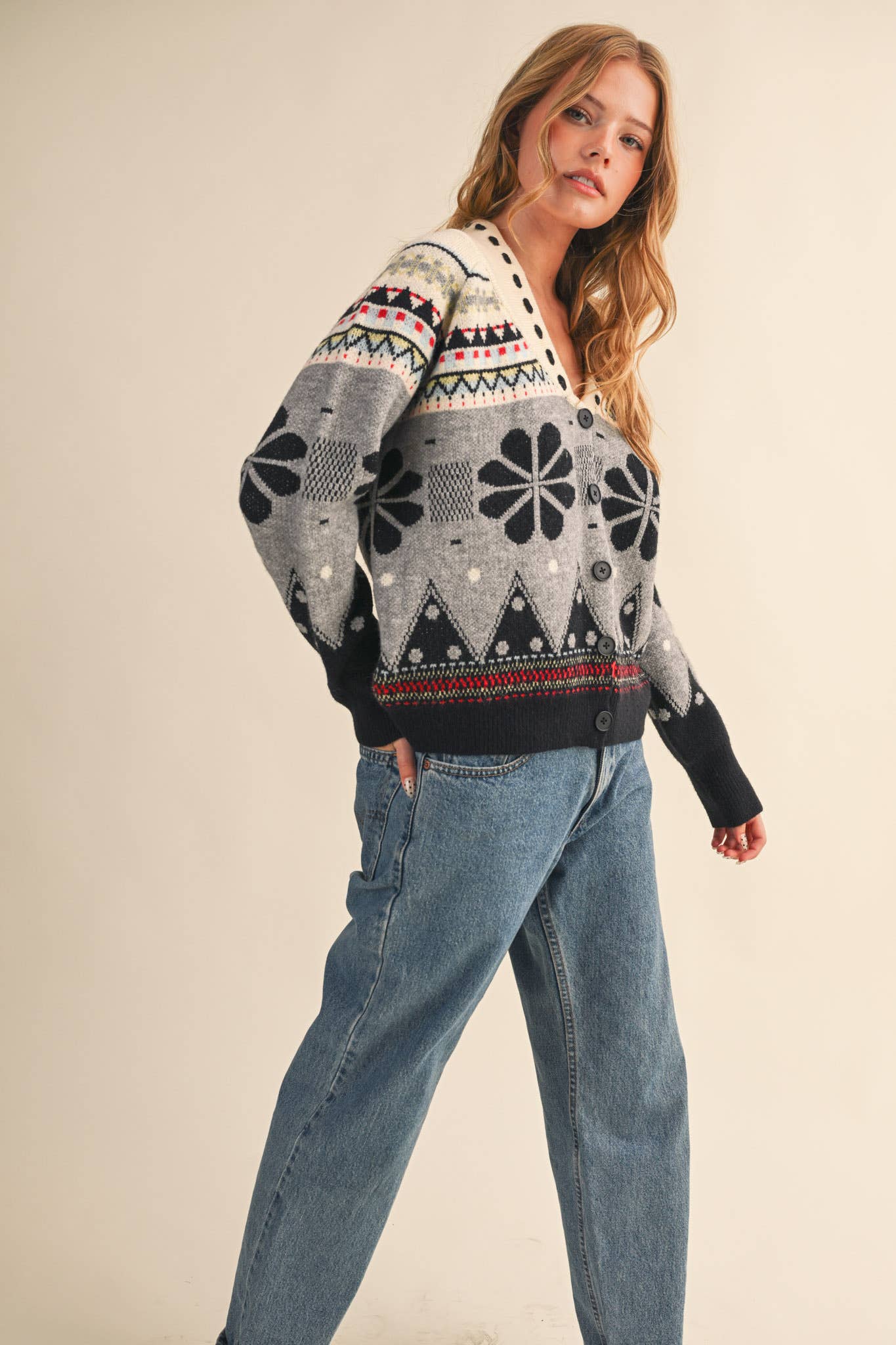 MULTI-COLOR SHAWL COLLAR SWEATER CARDIGAN