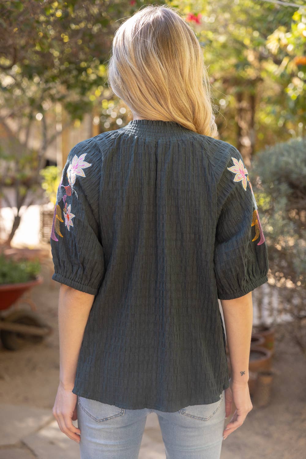 Bird Embroidery Sleeve Smocked Neck Top
