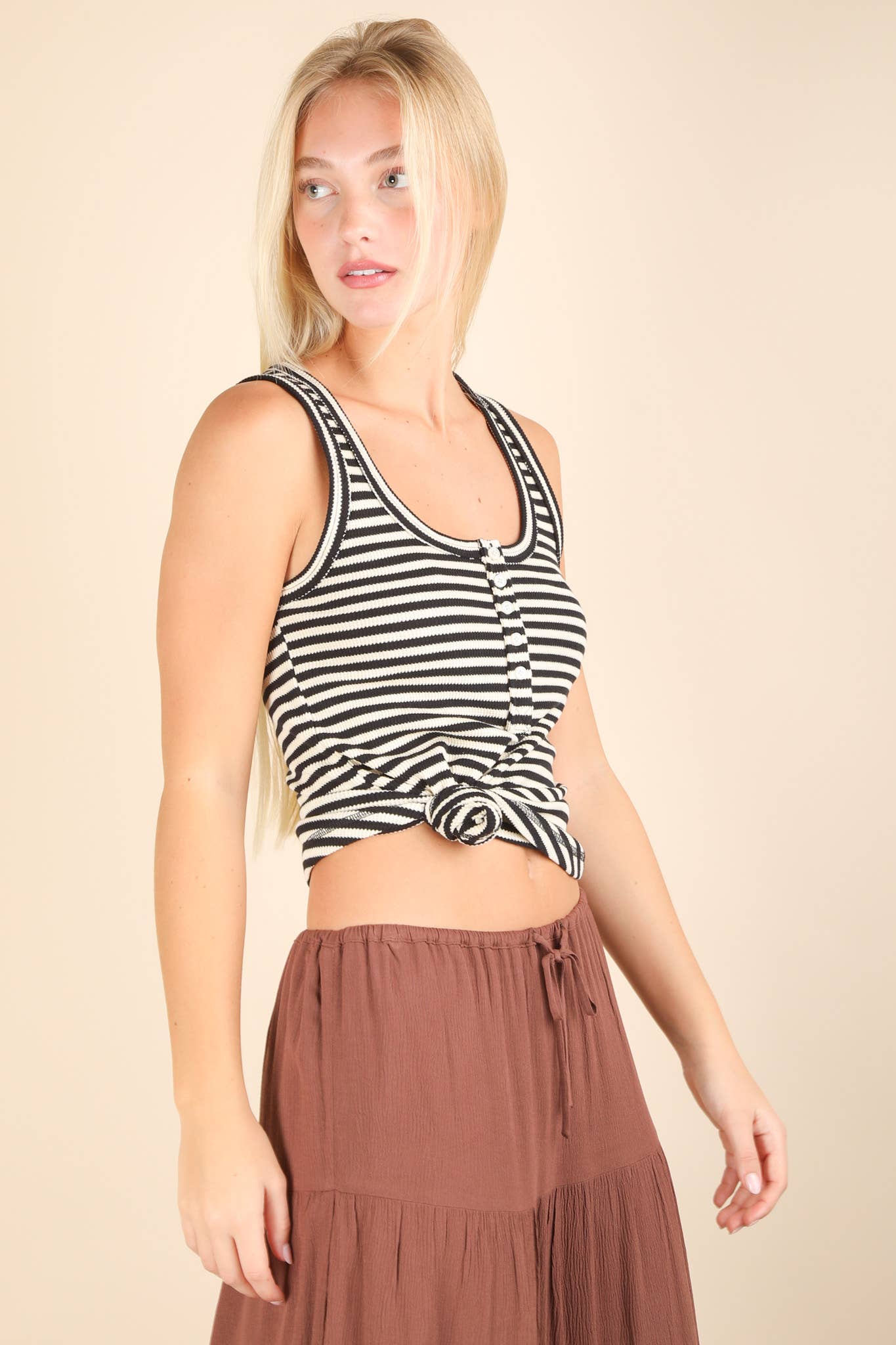 Striped & Solid Button Down Fitted Knit Tank Top