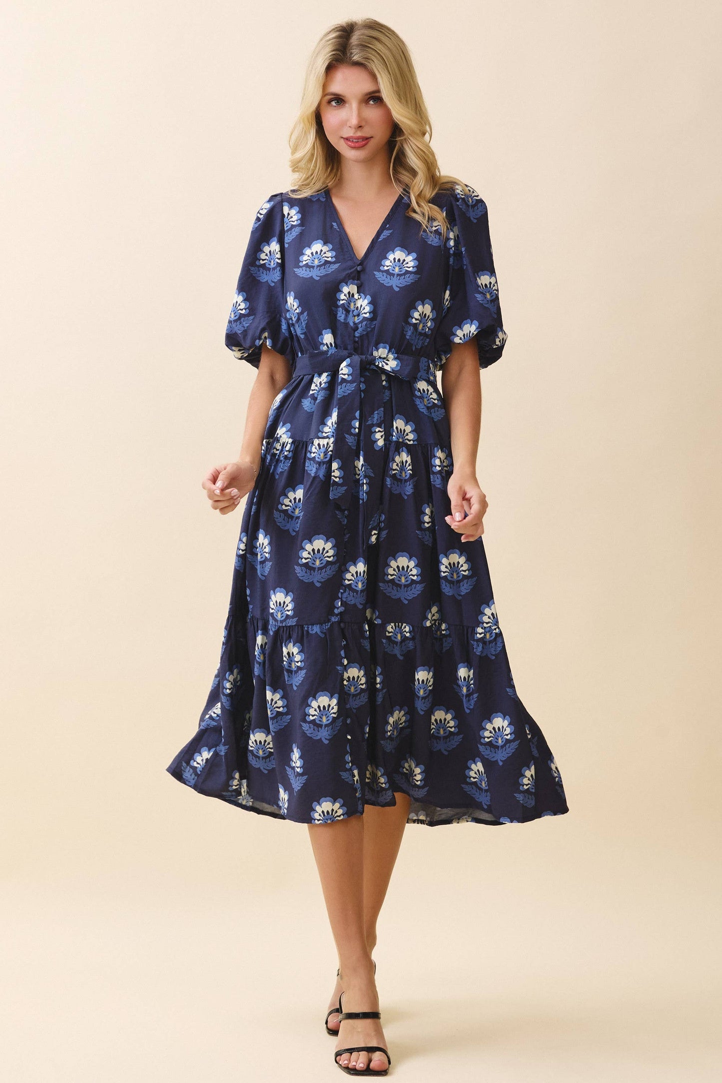 Floral Print Covered Button Down V Neck Dress