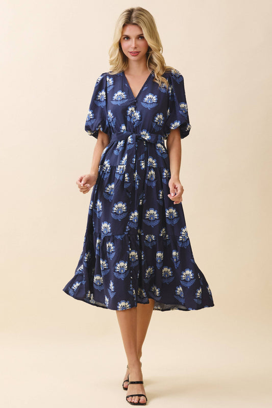 Floral Print Covered Button Down V Neck Dress