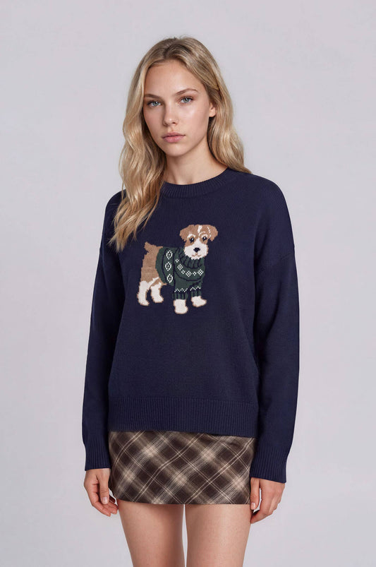 PUPPY JACQUARD LONG SLEEVE KNIT PULLOVER SWEATER