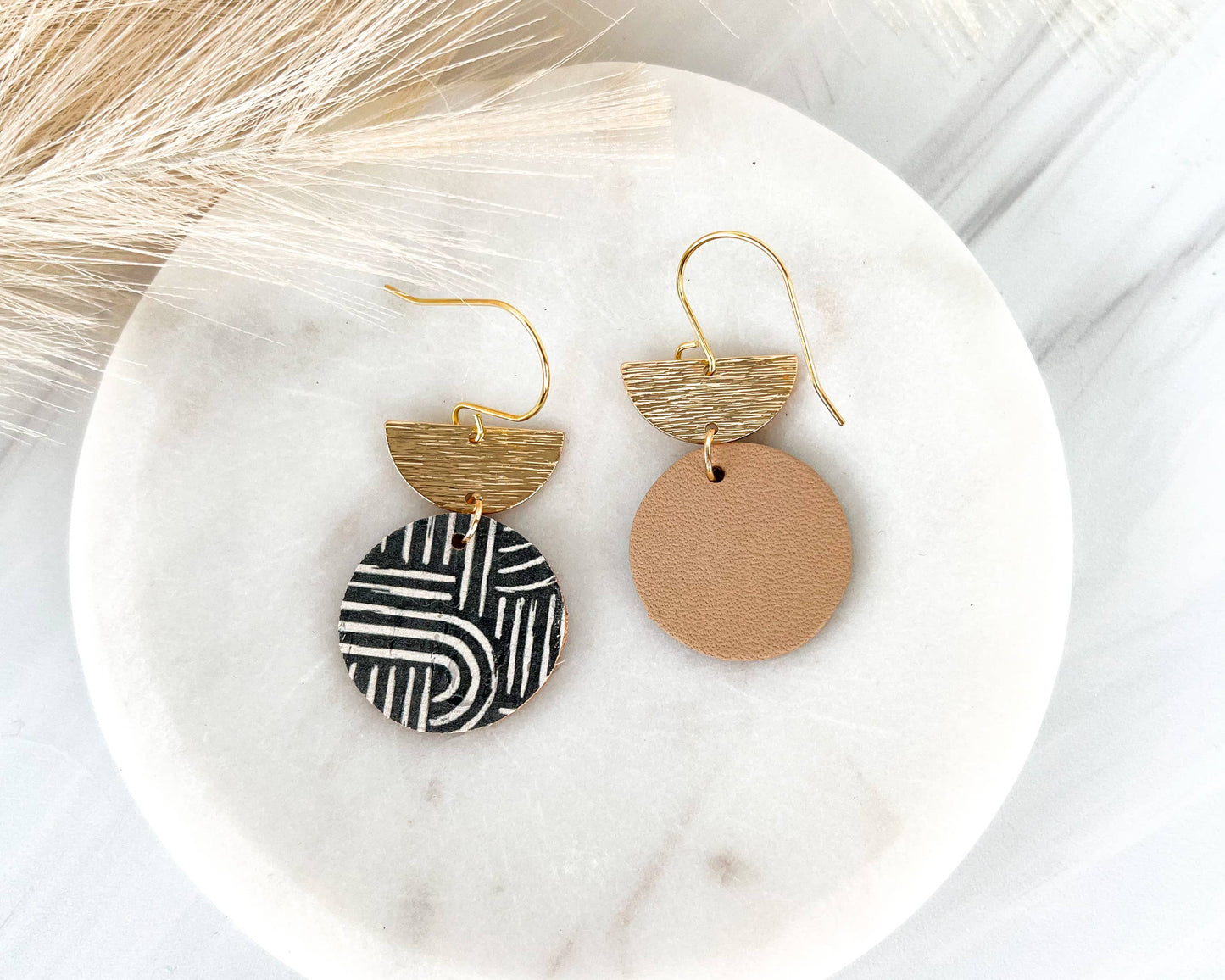 Black and White Geometric Circle with Semi Circle Earrings