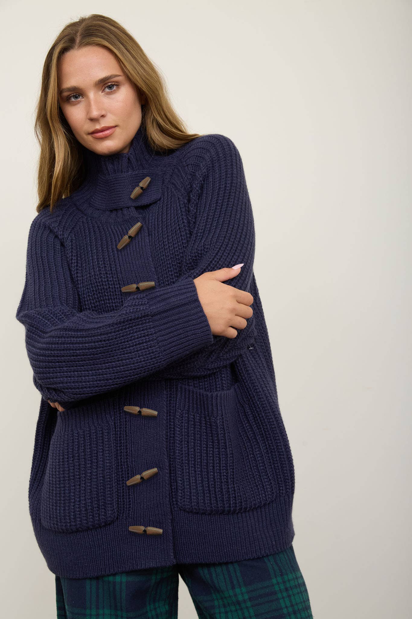 HIGH NECK TOGGLE RIB LONG LINE KNIT CARDIGAN