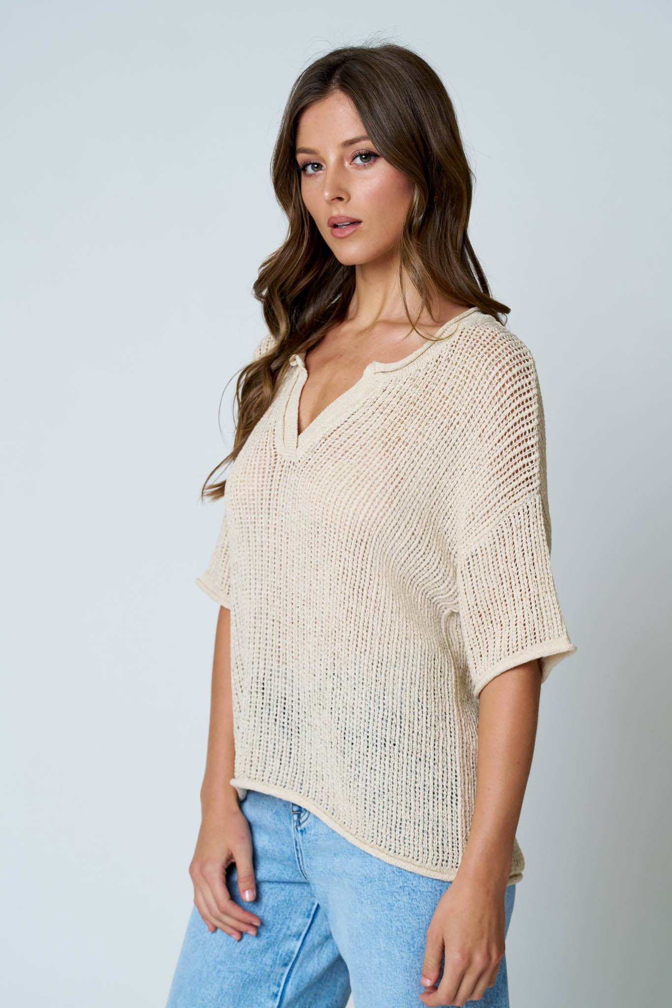 SPLIT NECK SHORT SLEEVE SHEER CROCHET KNIT TOP (PRE-ORDER)