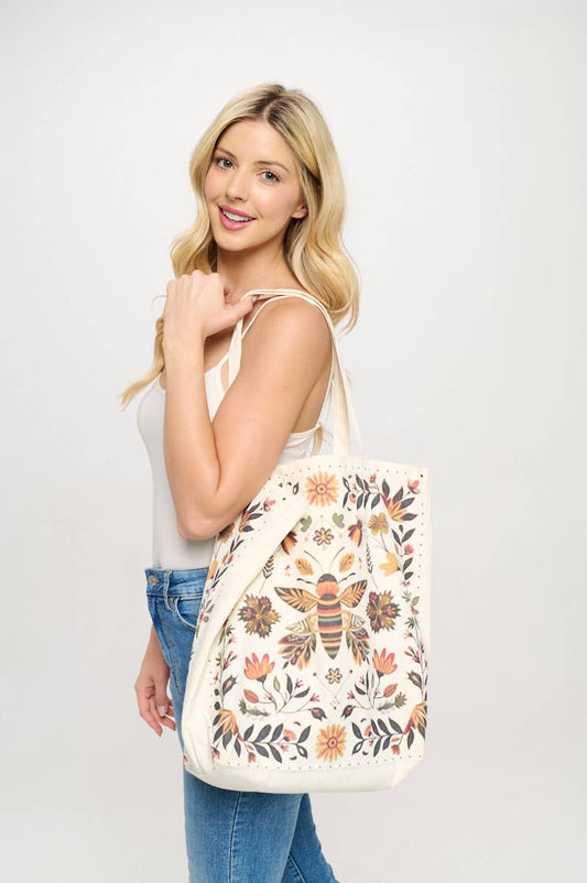 FLORAL BEE PRINT TOTE BAG