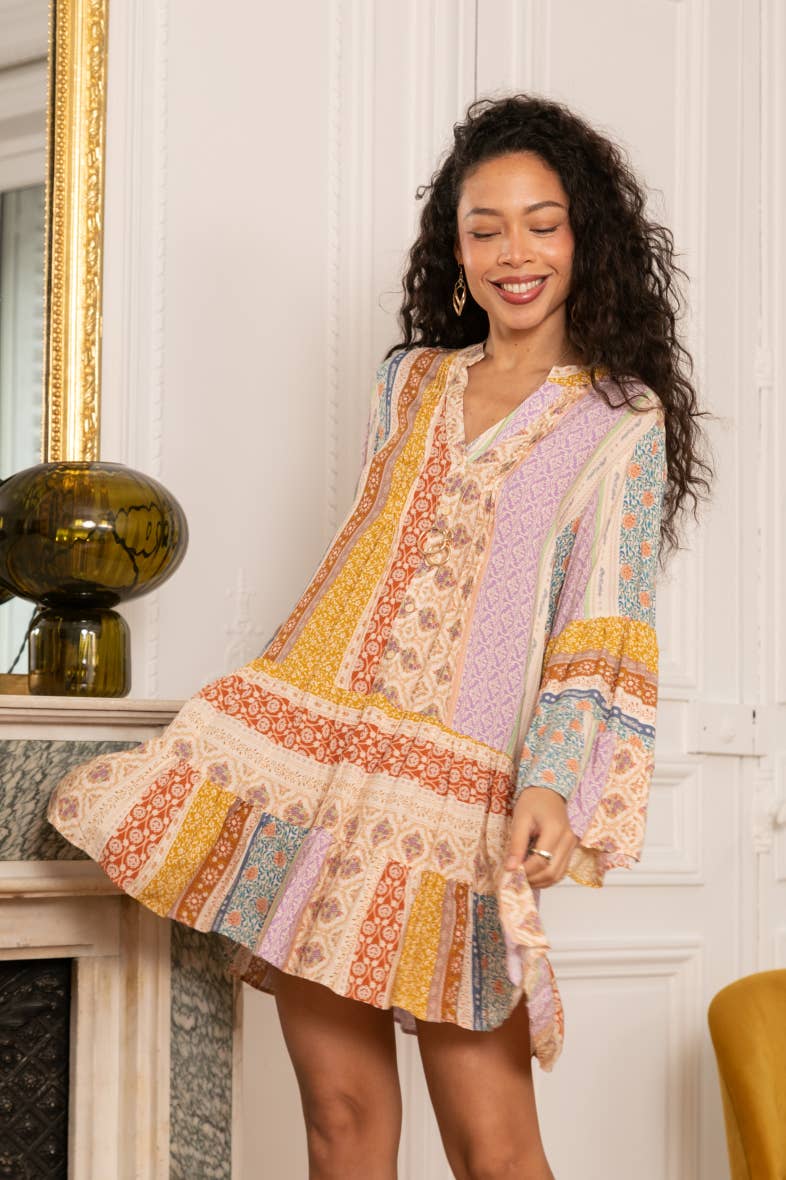 Ethnic print tunic dress buttoned at the front.