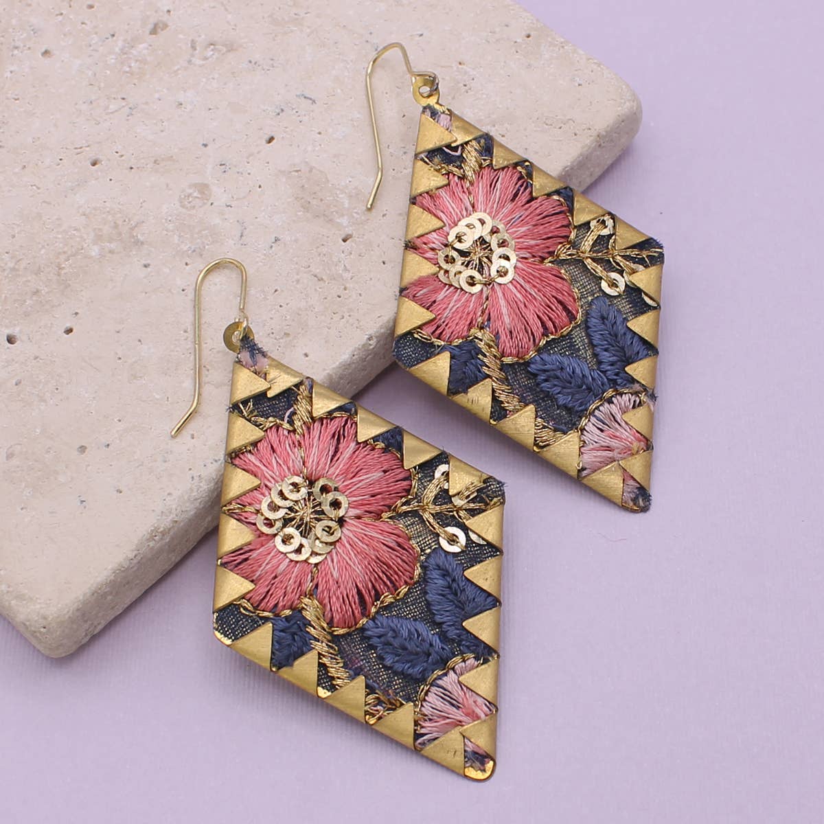 Pink and Navy Embroidered Crimped Diamond Shaped Earrings