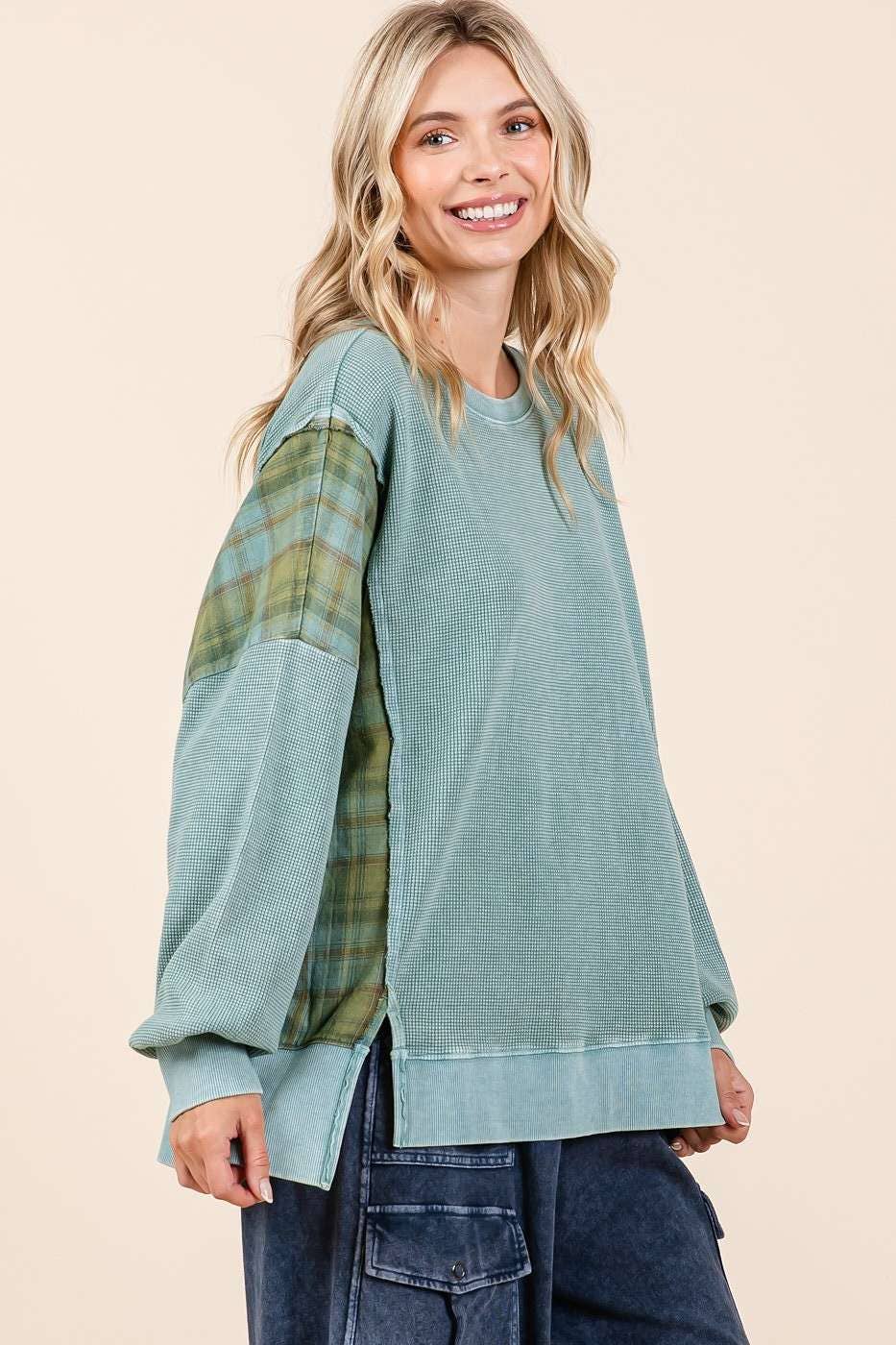 PLAID PANEL MINERAL WASH FRENCH TERRY SWEATSHIRT