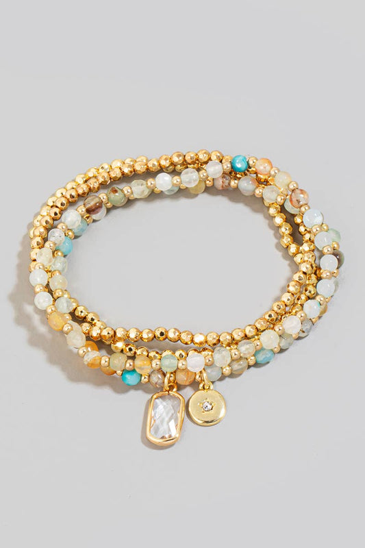 Rectangle Gem And Disc Charm Beaded Bracelet Set