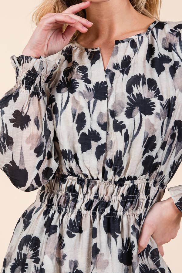 Floral Print Long Sleeve Cinched Waist Tiered Dress