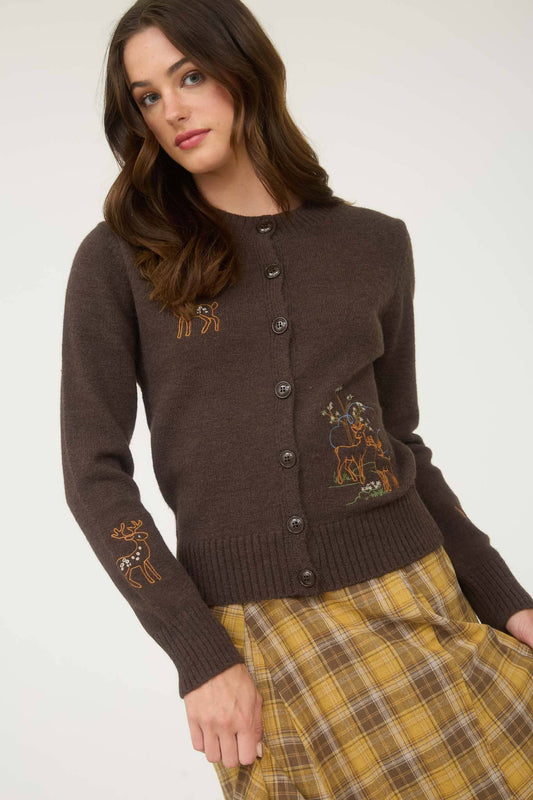 ANIMAL EMBROIDERY DETAIL BUTTON DOWN KNIT CARDIGAN
