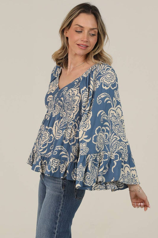 SMOCKED BUST WIDE FLARE BELL SLEEVE PRINTED TOP