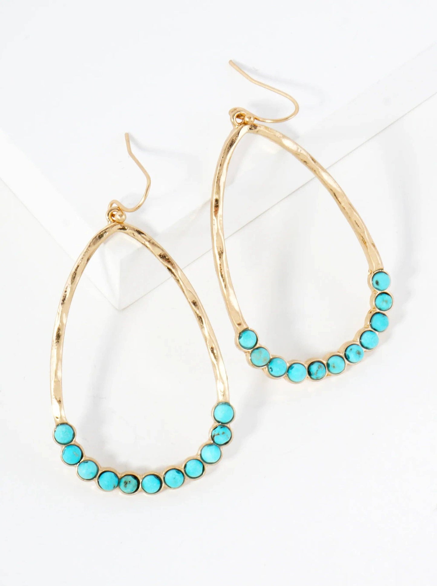 Semi-Precious Natural-Stone Beaded Hammered-Texture Teardrop Dangle Earrings