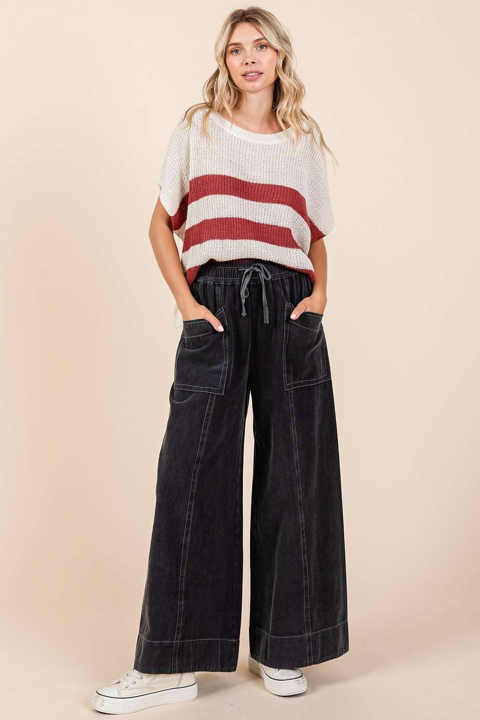 MINERAL WASH WIDE LEG ELASTIC WAIST TWILL PANTS