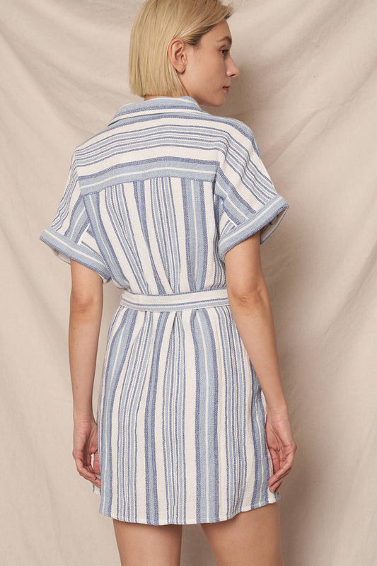 Striped Jacquard Button Down Mini Shirt Dress