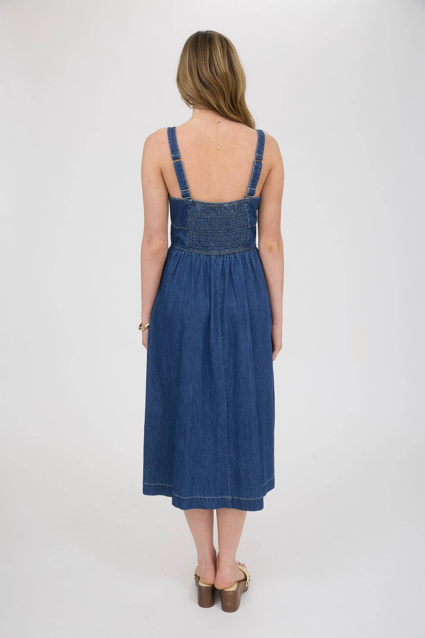 LACE UP SLEEVELESS DENIM MIDI DRESS