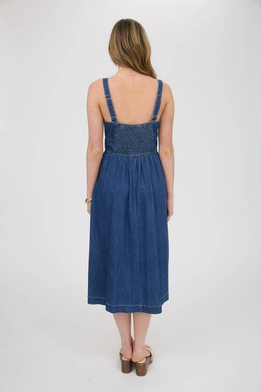 LACE UP SLEEVELESS DENIM MIDI DRESS