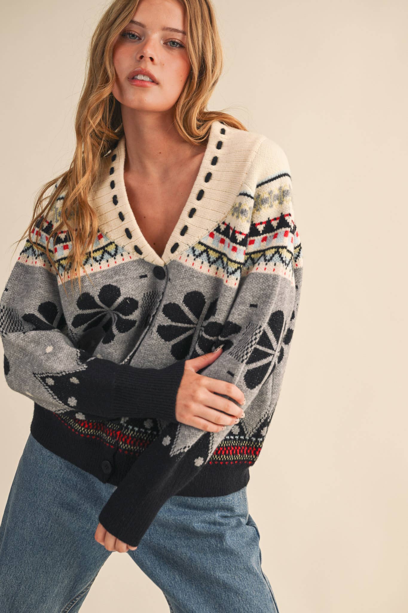 MULTI-COLOR SHAWL COLLAR SWEATER CARDIGAN