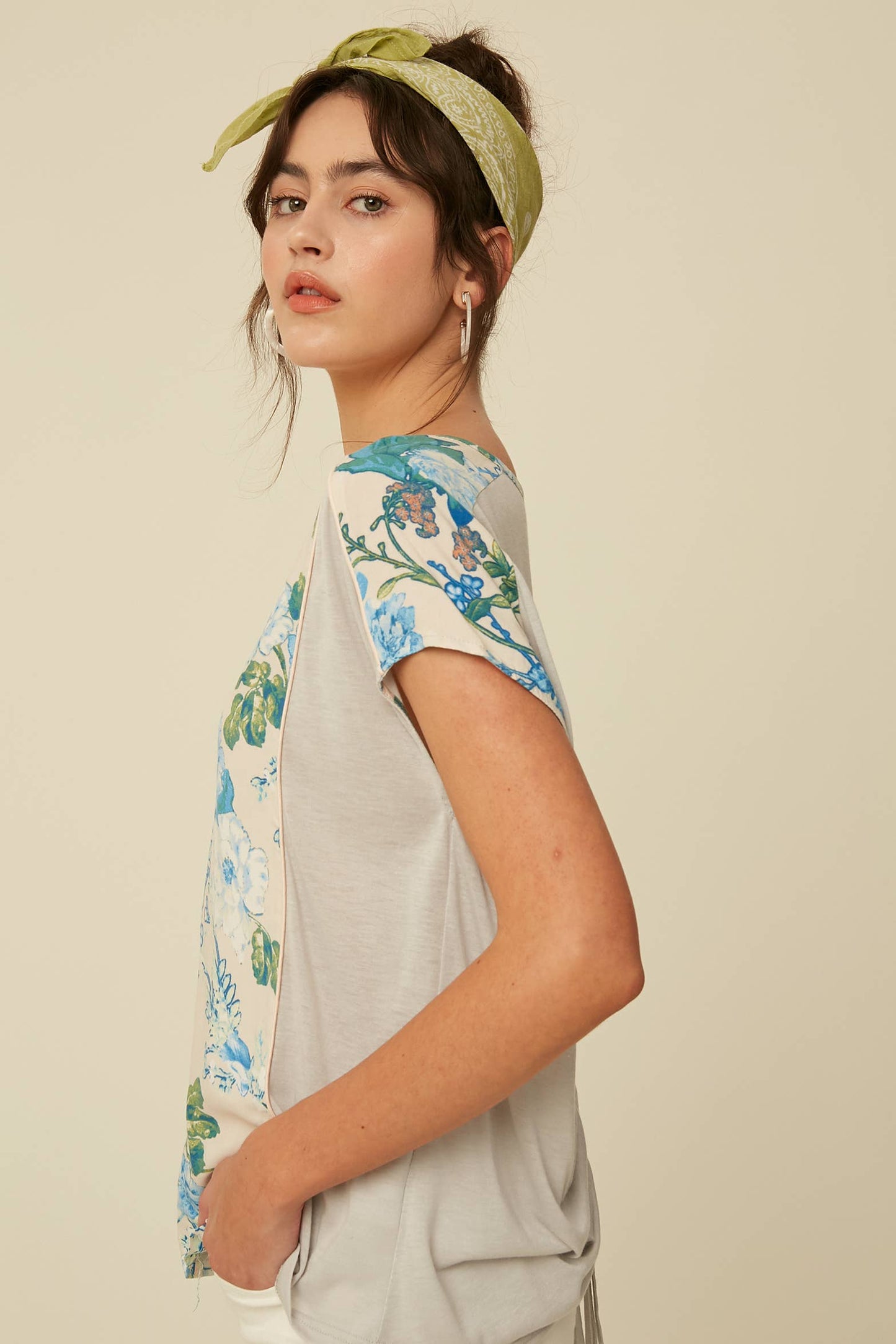 Floral Mixed Fabric V-Neck Blouse