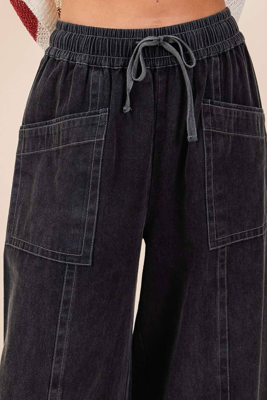 MINERAL WASH WIDE LEG ELASTIC WAIST TWILL PANTS