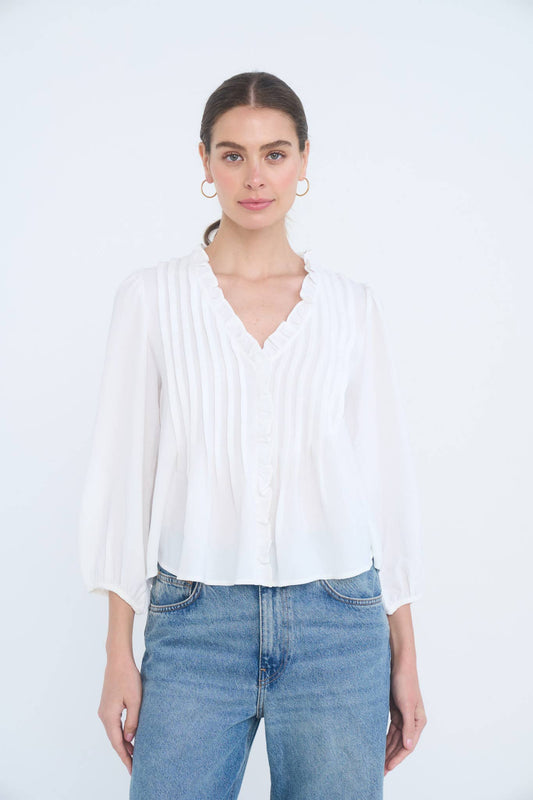 3/4 SLEEVE RUFFLE TRIM PINTUCK DETAIL BLOUSE