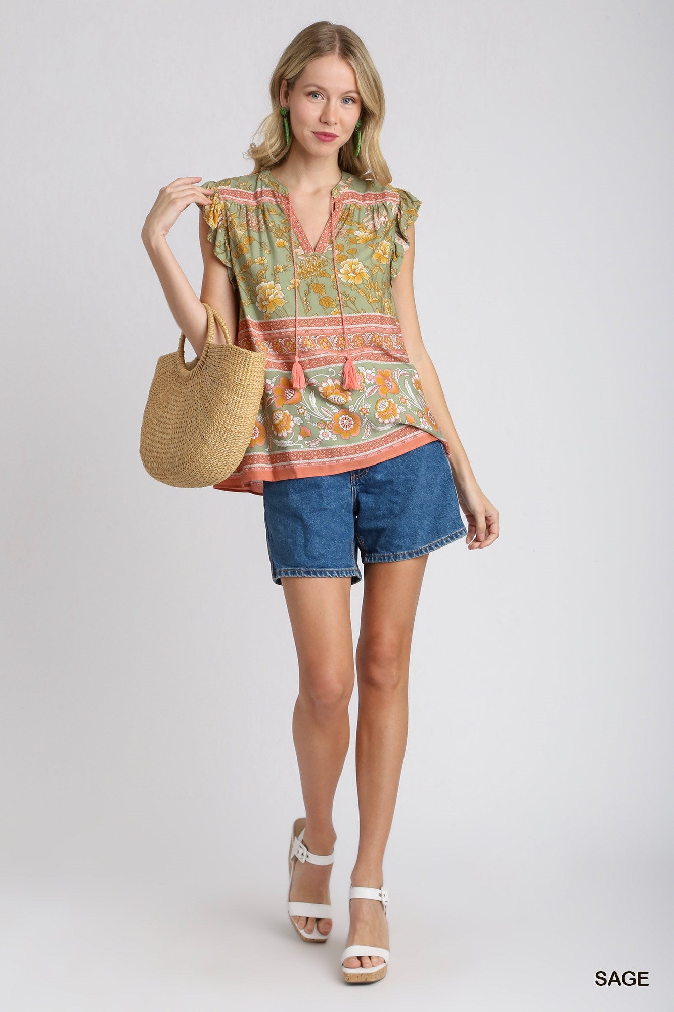 Boxy Cut Border Print Split Neck Top