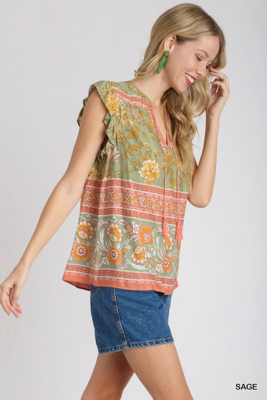 Boxy Cut Border Print Split Neck Top